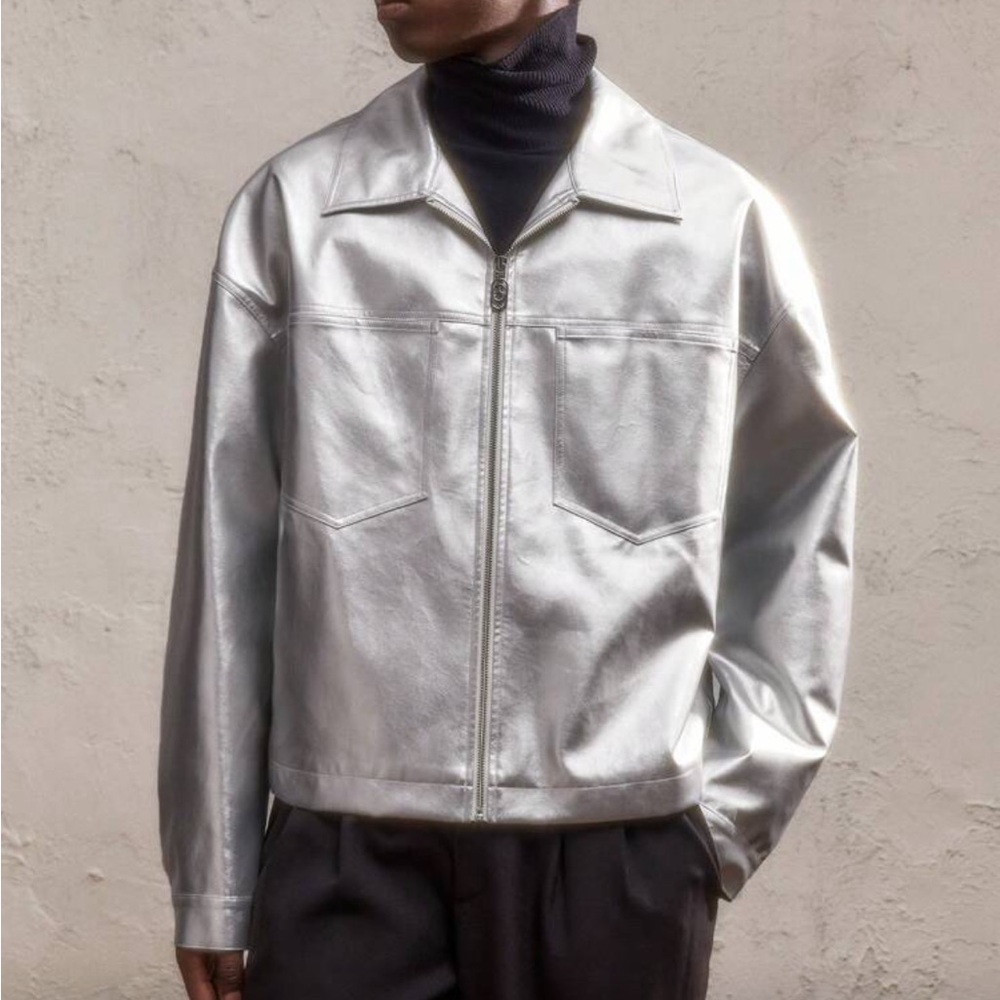 Silver Metallic Zip-Front Men's Jacket